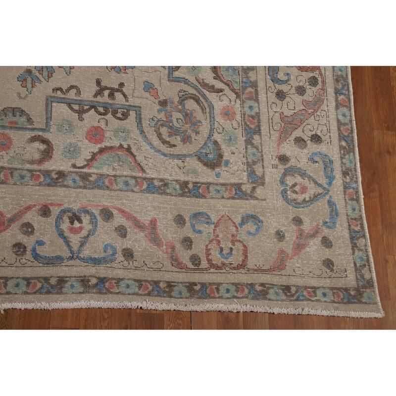 Geometric Beige Tabriz Persian Area Rug Hand-Knotted Wool Carpet - 9'8"x 13'4"