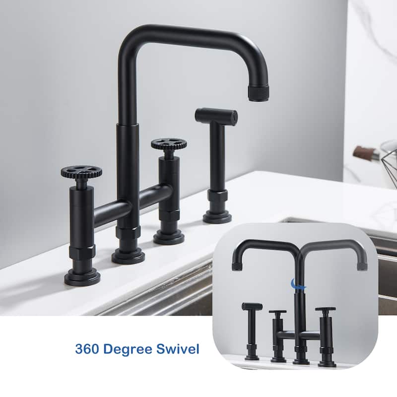 Antique 360 Swivel Bridge Kitchen Faucet with 28'' Slide Sprayer In Stainless Steel