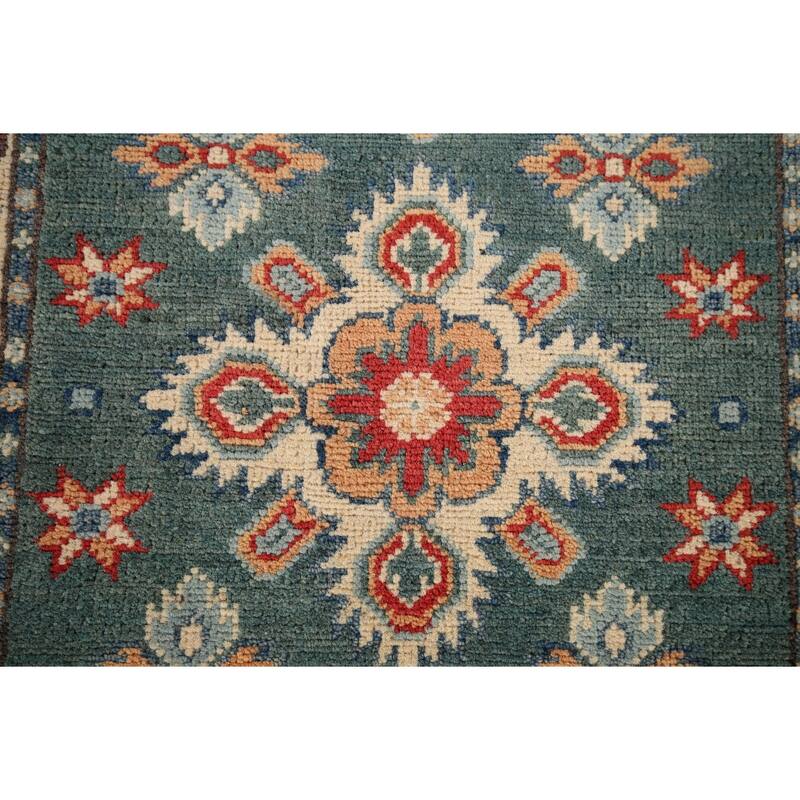 Geometric Green Kazak Oriental Runner Rug Hand-Knotted Wool Carpet - 2'3" x 5'11"