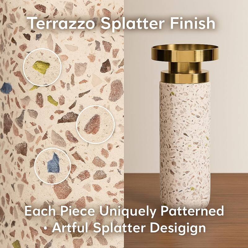 Pink Tall Cement Candlestick Set of Two with Gold Trim and Splattering