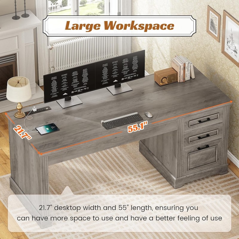 Farmhouse Executive Desk Home Office Desk File Drawer Monitor Stand Power Outlet