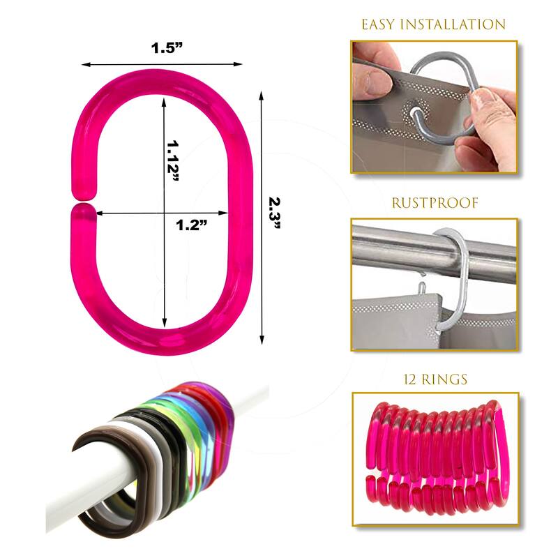 Evideco Shower Curtain Rings Plastic Hooks (Set of 12)