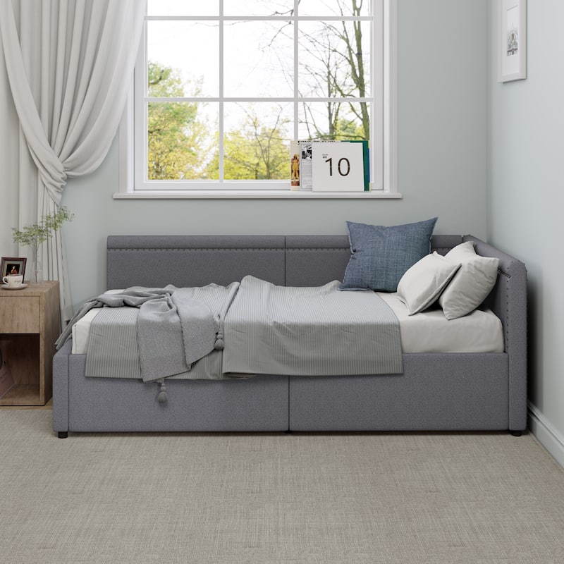 Roomfitters Twin Size L-Shaped Upholstered Corner Daybed with Two Storage Drawers, Modern Linen Fabric Bed Frame
