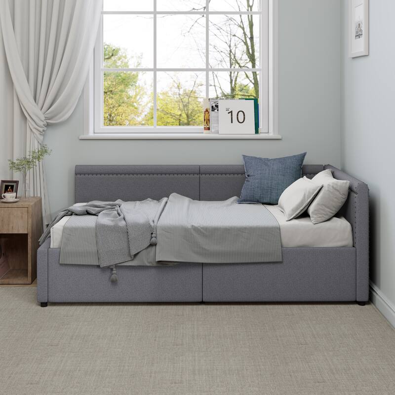 Twin Size Corner Daybed Linen Upholstered Bed Frame with Nailhead Trim, L Shape Sofa Bed with 2 Drawers Storage Bed