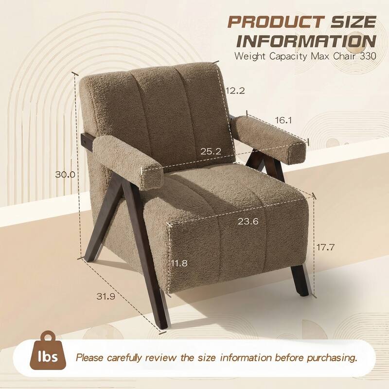 Mid Century Modern Accent Chair, Solid Wood Upholstered Armchair with Wide Backrest and Thick Cushion