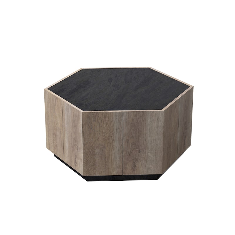 Mieres Modern Coffee Table, Wooden Cocktail Table, Hexagonal Coffee Table with Textured Black and 2 drawers Center Table - Wood - M-Brown