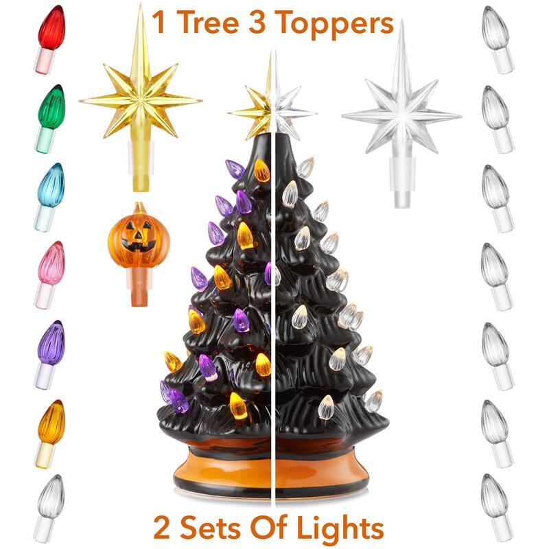 12in Hand Painted Ceramic Christmas Tree PreLit Tree with Star