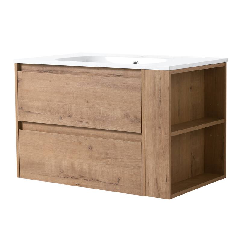 30" Wall-Mounted Bathroom Vanity with Gel Basin, Soft-Close 2/3 Extended Drawers, Adjustable Side Rack