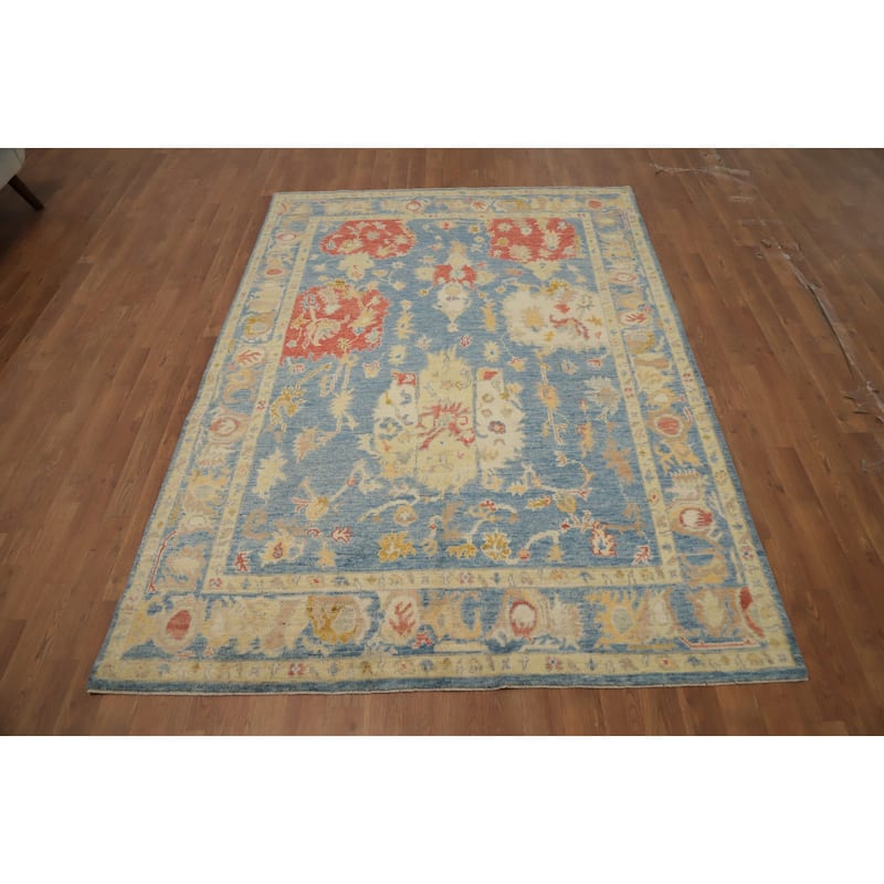 Hand Knotted Oriental 100% Wool Carpet Transitional Floral Navy Blue & Blues Oushak Area Rug - 7' 2'' X 5' 2''