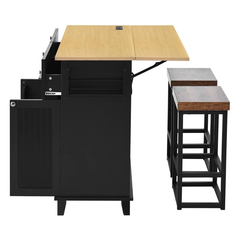 Farmhouse Kitchen Island on Wheels with Drop Leaf, 2 Seating & Power Outlet