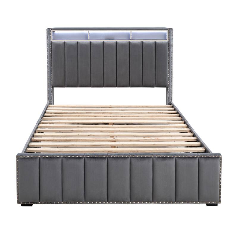 Contemporary Dark Gray Solid Wood Bed Frame with Open Compartments