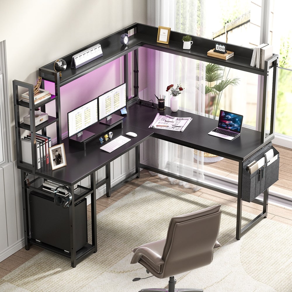 L Shaped Desk with Full Hutch and Power Hub, Corner Desk Computer Desk Office Writing Desk