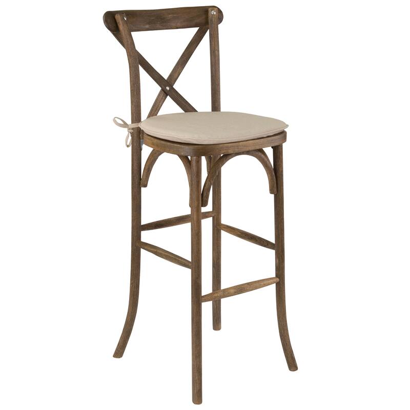 350lb. Rated Dark Antique Wood Cross Back Stackable Barstool with Cushion - 13.75"D x 13" - 17.5"W x 43"H
