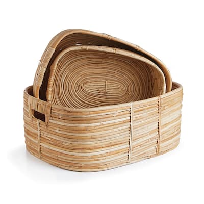 Cane Rattan Rectangular Baskets With Handles, Set Of 3