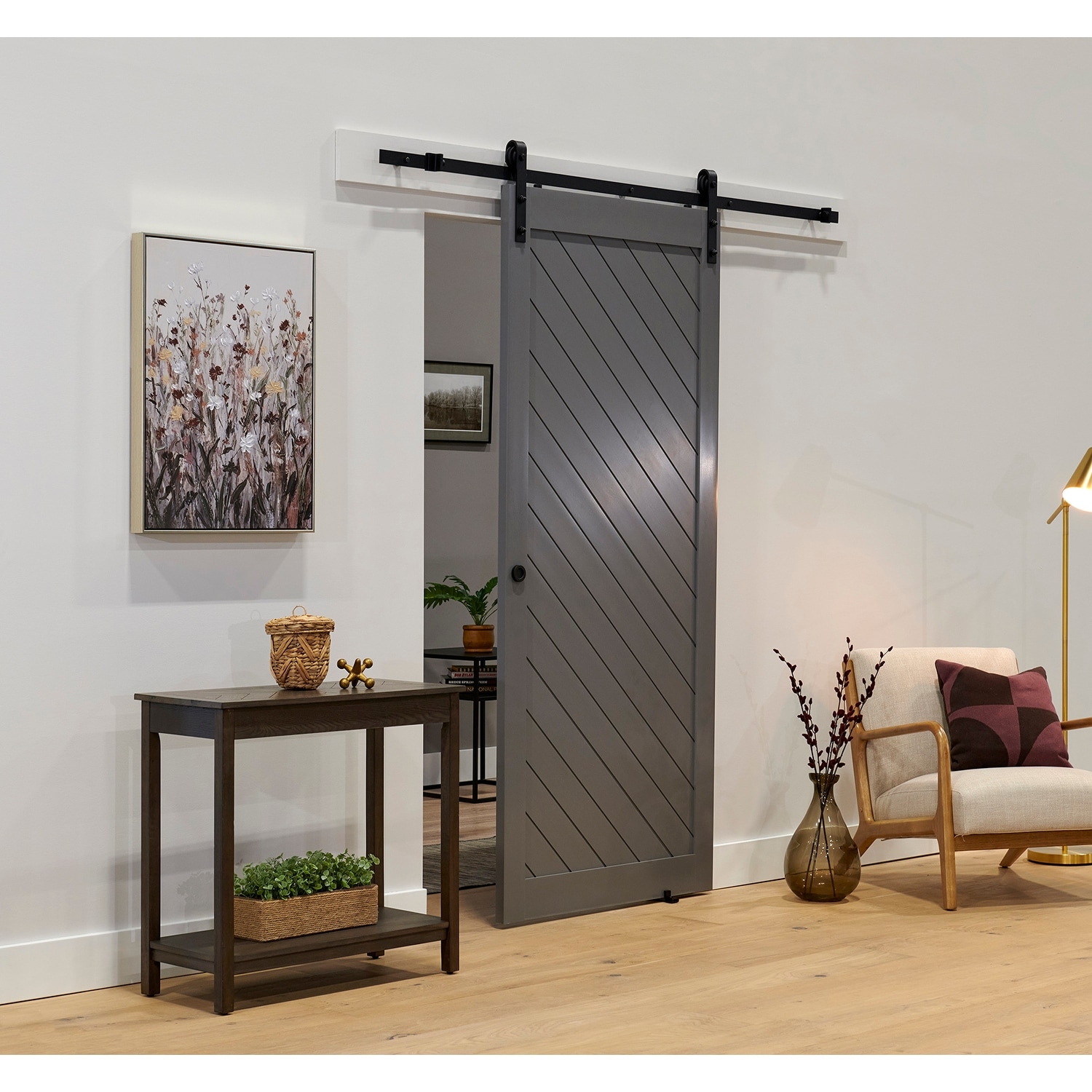 Millbrooke City Grey Diagonal Pattern PVC Barn Door Sliding Door 36 x 84 Assembly Required