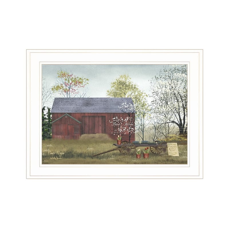 TrendyDecor4U Farmhouse "Flower Wagon" Framed Print Wall Art by Billy Jacobs - Red, White, Green, Brown, Yellow, Earth Tones