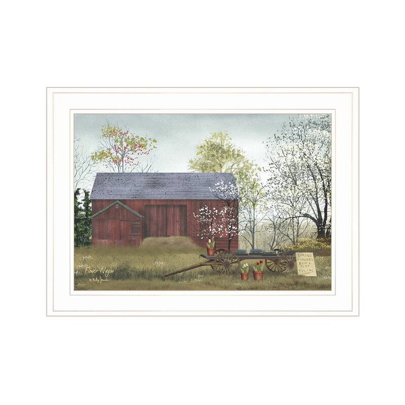 TrendyDecor4U Farmhouse "Flower Wagon" Framed Print Wall Art by Billy Jacobs - Red, White, Green, Brown, Yellow, Earth Tones - White