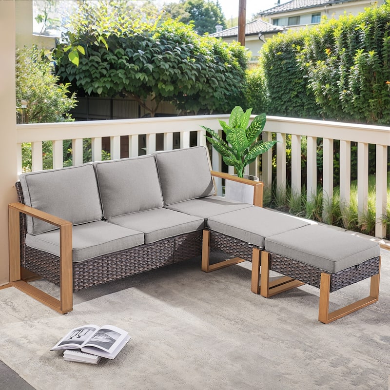 Gymojoy Outdoor Rattan Sofa with Ottoman - Brown - Grey