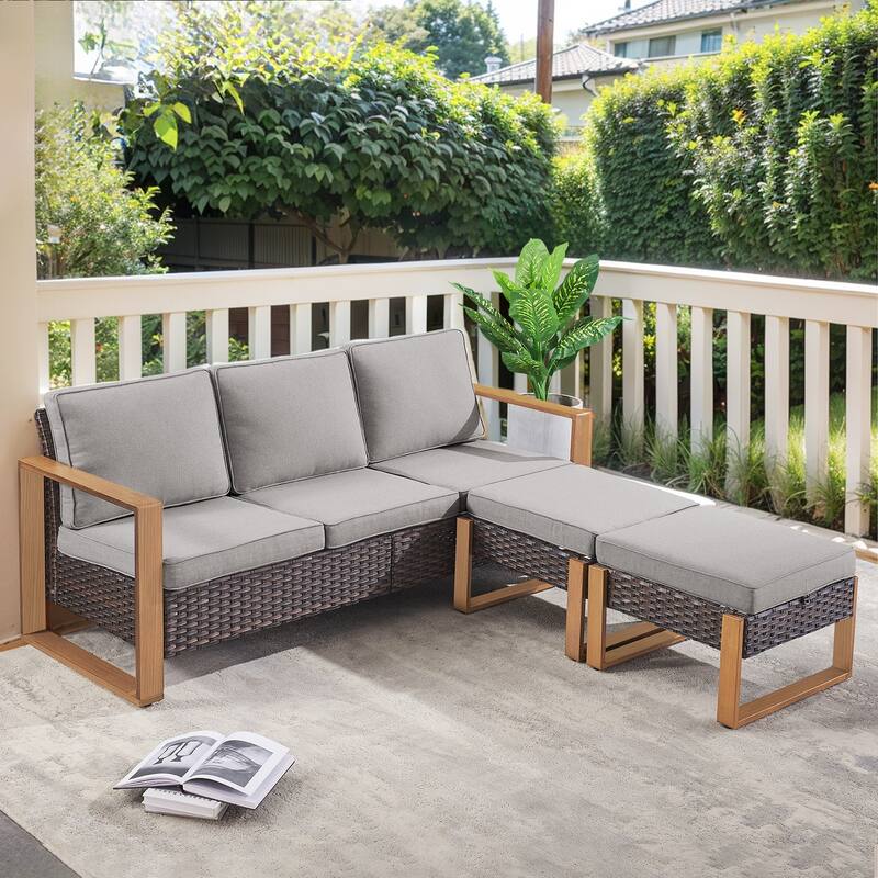 High Back Outdoor Furniture with Thick Cushion - Brwon Wicker Grey Cushion - 3PCS Sofa with Ottoman