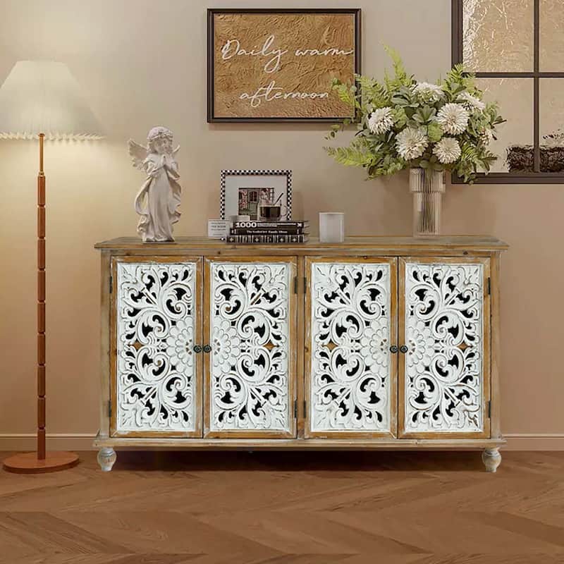 Accent Cabinet with 4 Doors, Farmhouse Sideboard Buffet Cabinet with Storage, Modern Storage Cabinet with Wood Doors