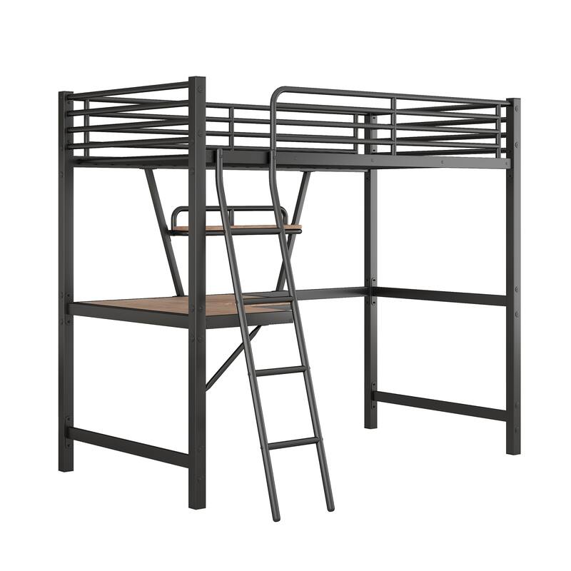 Black Metal Loft Bed with Integrated Desk, Shelf, and Full-Length Guardrail