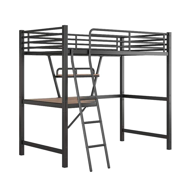 Twin Size Loft Metal&MDF Bed with Desk and Shelf, Black