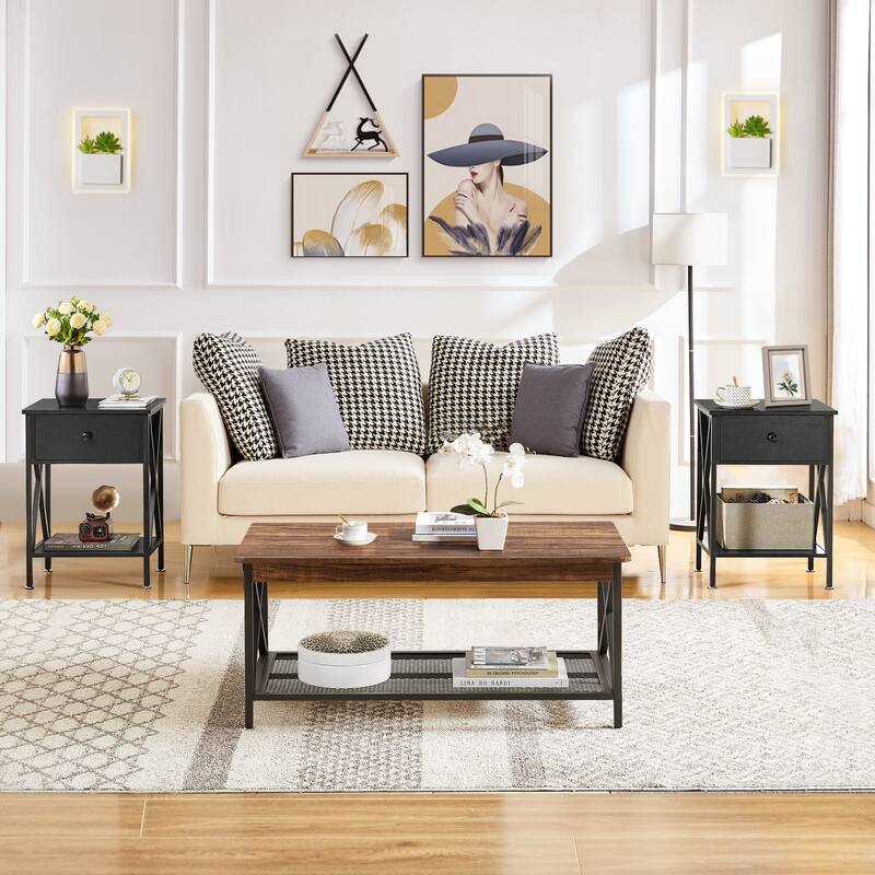 VECELO Contemporary Coffee Table Set, Living Room Set(2PCS/3PCS) - 3-Pieces - Black