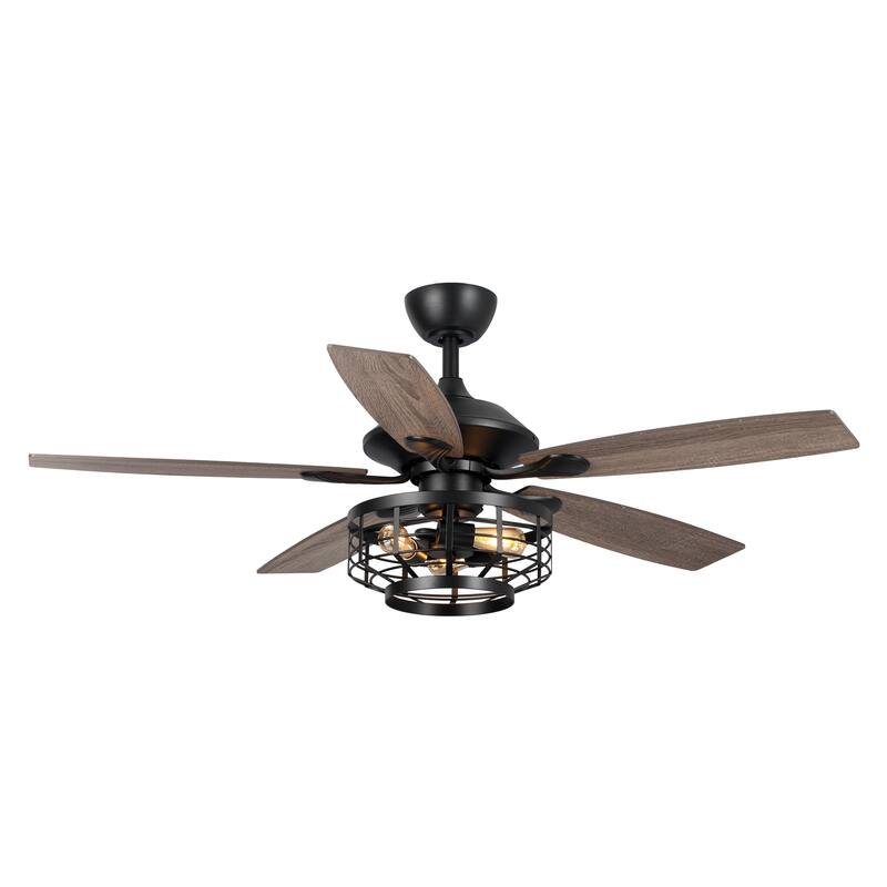 52" Industrial Wood 5-Blade 3-Light Metal Ceiling Fan with Remote