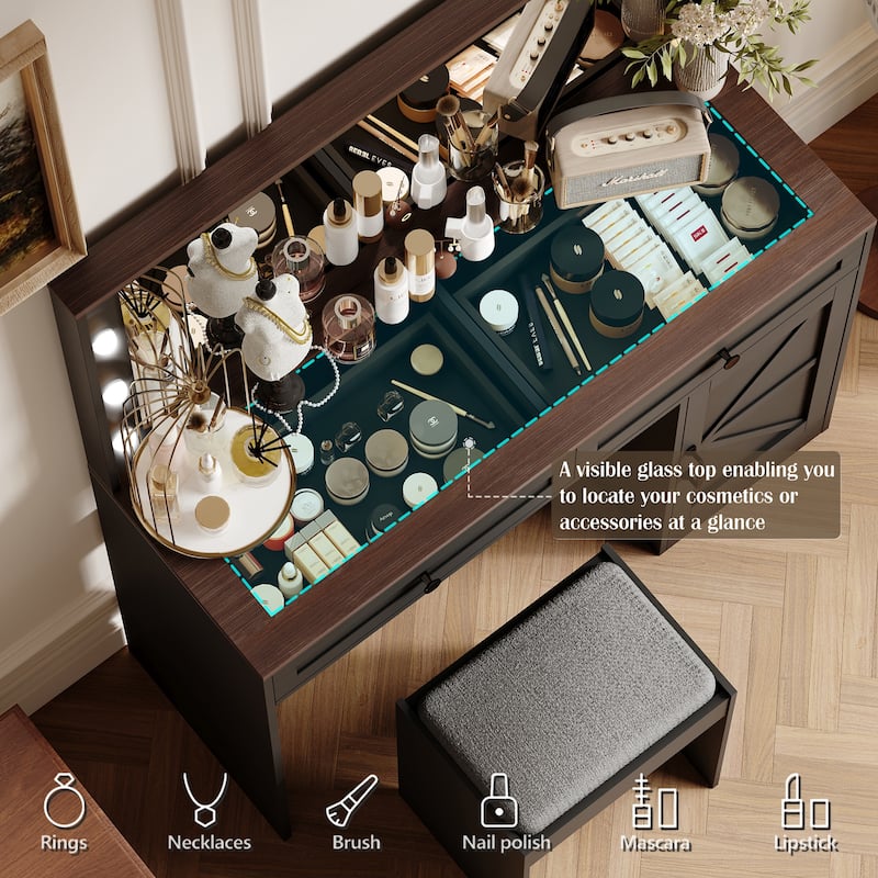 43.4" Vanity Table with 3 Drawers & Large Mirror, 11 LED Lights & Adjustable Brightness(Stool Included)