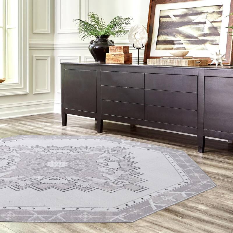 Traditional Rine Collection Area Rug - 7'6"x7'6" Octagon - White-Gray