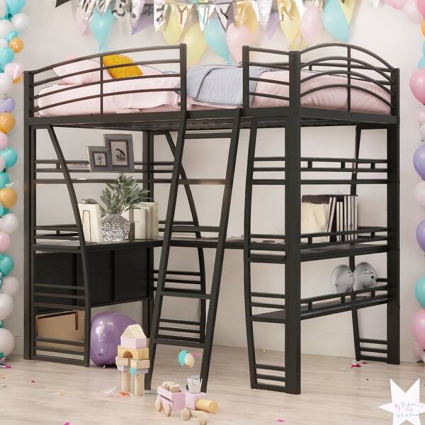 slide 2 of 10, Full Size Loft Bed with 4 Layers of Shelves and L-shaped Desk, Stylish Metal Frame Bed with a set of SocketsUSB Ports,Black Black