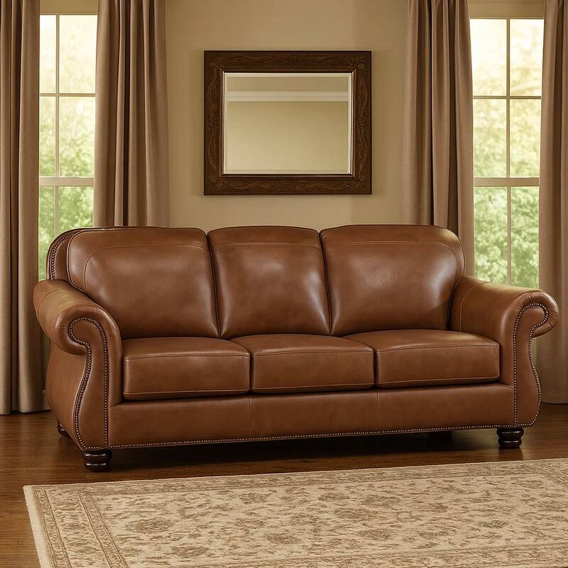 Boro 85 Inch Sofa, Rich Brown Top Grain and Faux Leather, Solid Wood