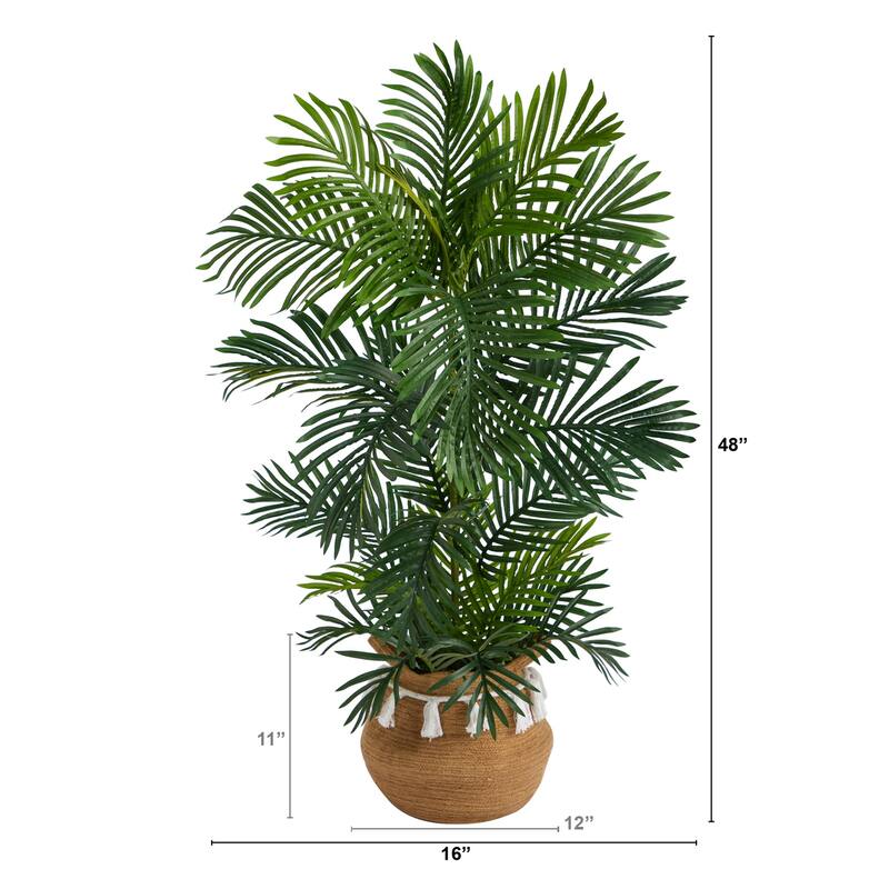 Artificial Palm Tree 4ft Indoor Outdoor - Boho Planter Included - Chic Decor - Faux Tree for Home Patio - Green