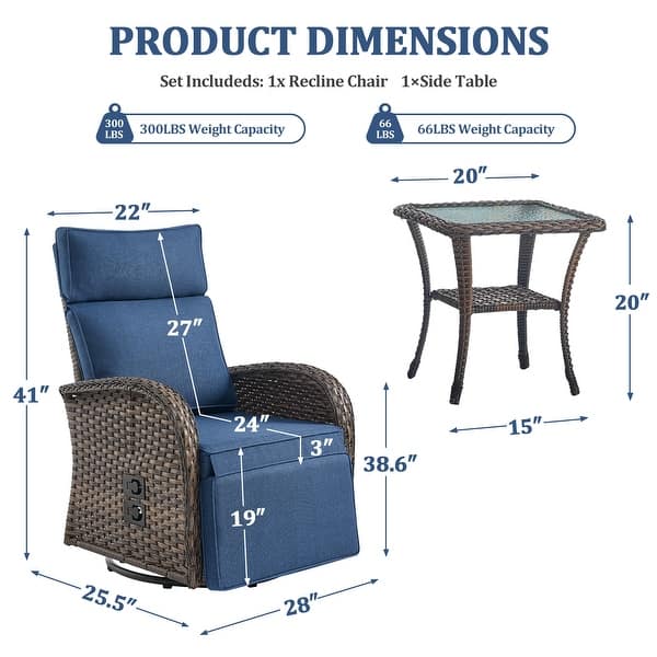 dimension image slide 12 of 15, Pocassy Reclining Patio Chair with Adjustable Backrest