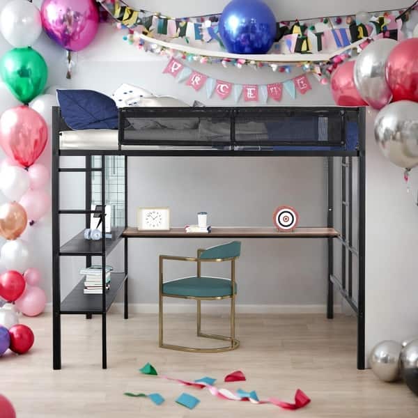 slide 2 of 15, Metal Full Size Loft Bed with Wood Slat,Built-in Desk,2-tier Shelves,Kids Bed Design Black