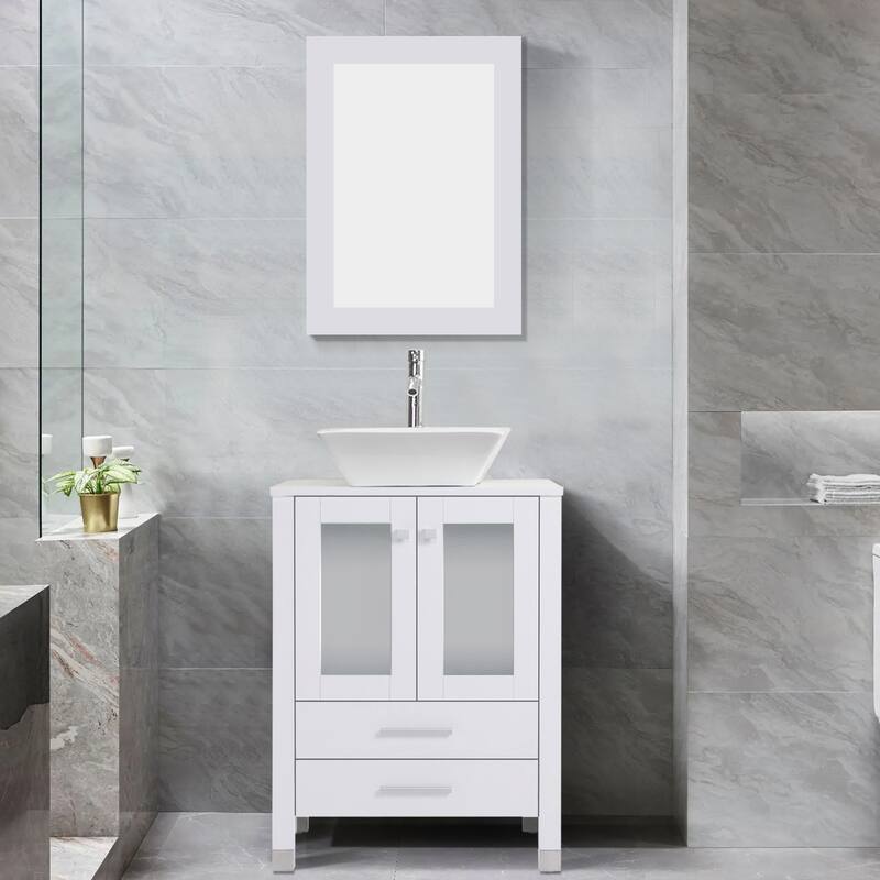 24" Bathroom Vanity with Sink Set Storage Cabinet Combo - White - W-Ceramic square sink