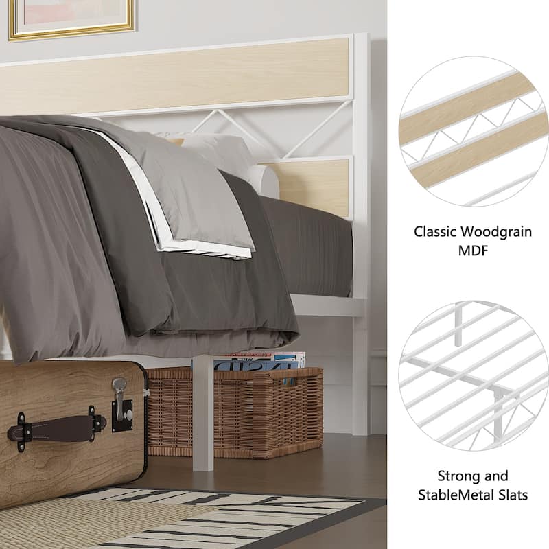 VECELO Vintage Metal Platform Bed Frame with Wood Headboard, Storage Bed, Noise-Free, No Box Spring Needed, Twin/Full/Queen Size