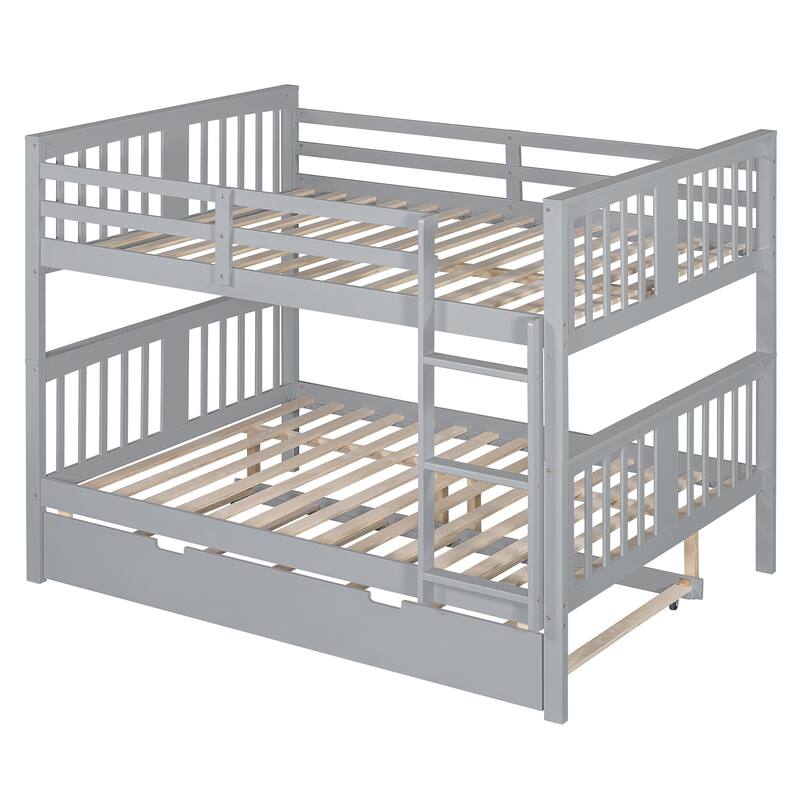 Full over Full Bunk Bed with Twin Trundle, Ladder & Slats - Gray/White/Espresso, Converts to 2 Beds