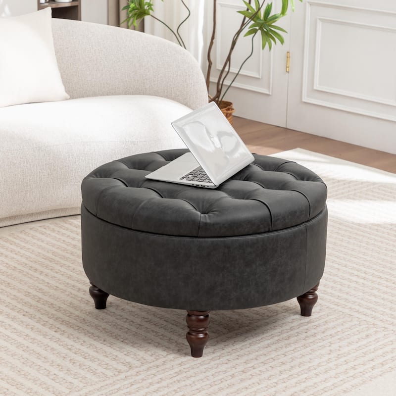 SEYNAR 29.5''Modern PU Leather Round Storage Ottoman with Wood Legs