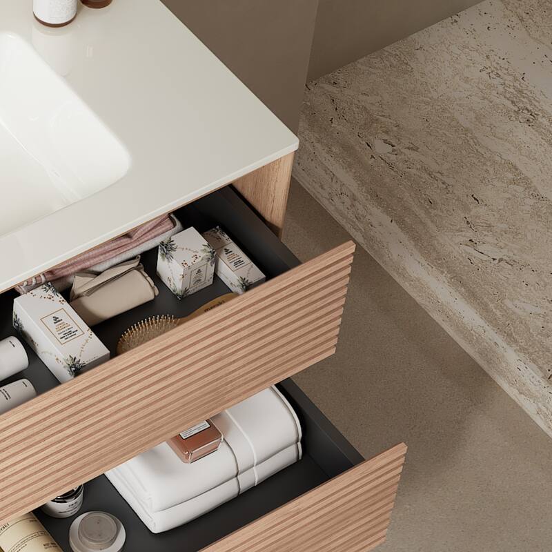 Modern 30" Floating Bathroom Vanity, White Ceramic Basin, Plywood Cabinet with 2 Drawers and Sink Hole Cover
