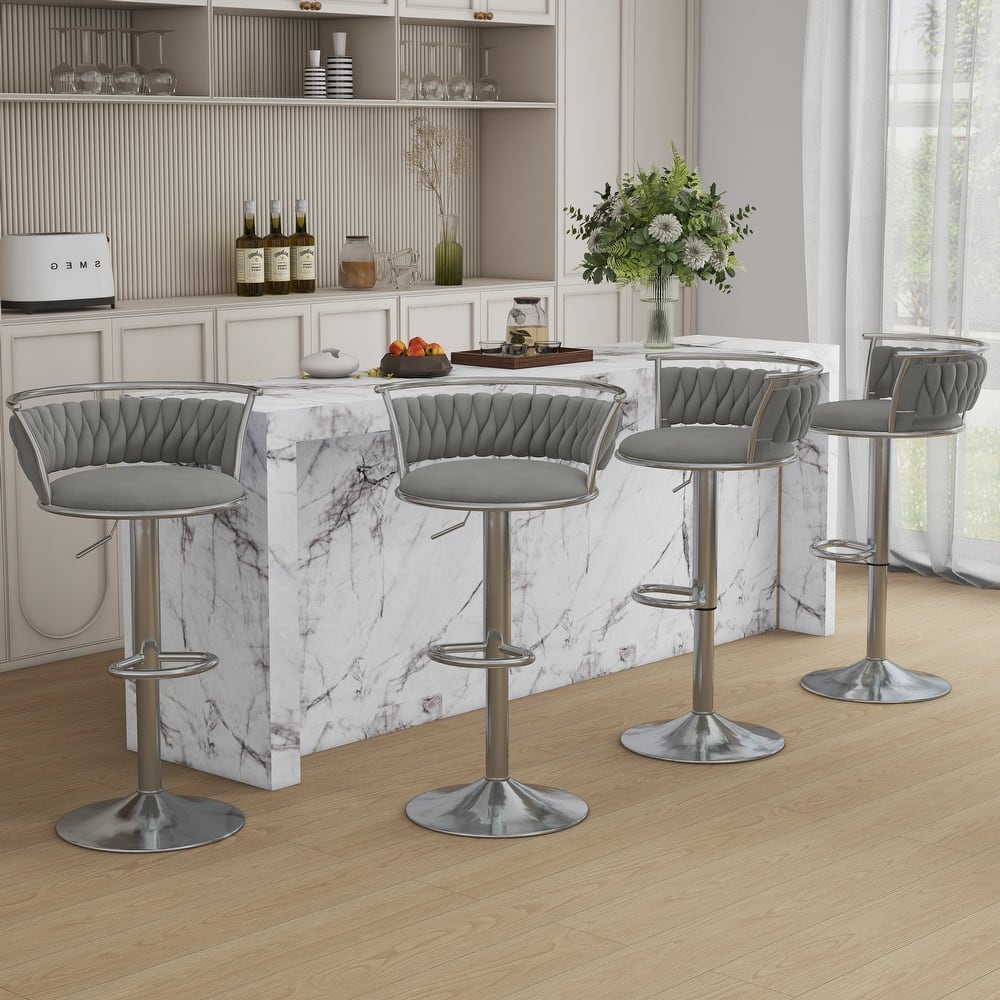4 Set Velvet Adjustable Swivel Bar Stools With Backs