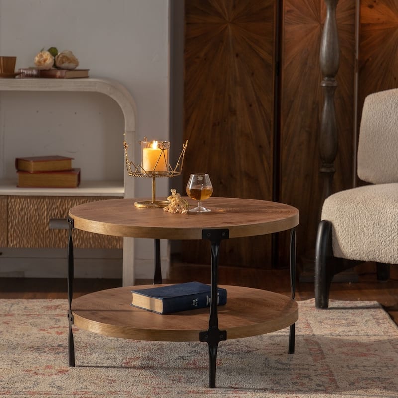 Modern Handcraft Wooden Round Two-ply Coffee Table with 4 Metal Legs