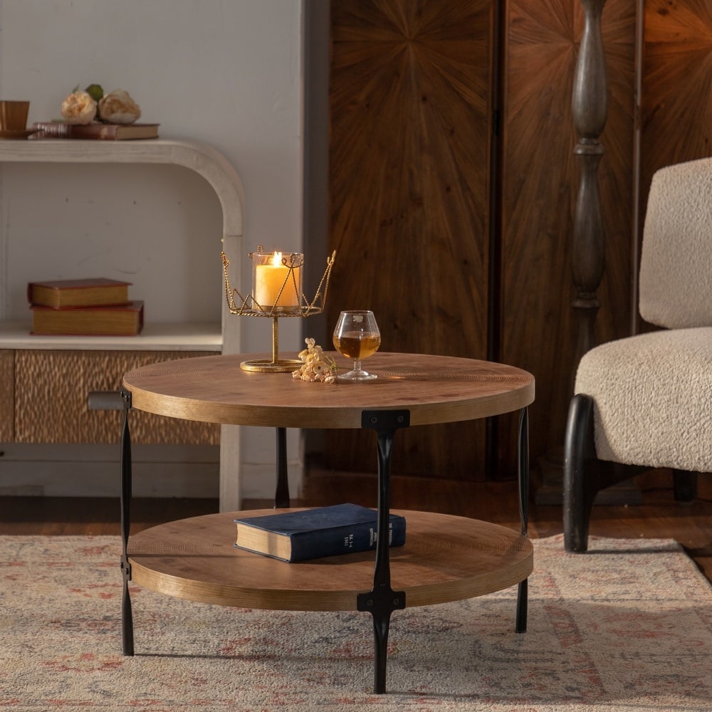 Modern Handcraft Wooden Round Two-ply Coffee Table with 4 Metal Legs