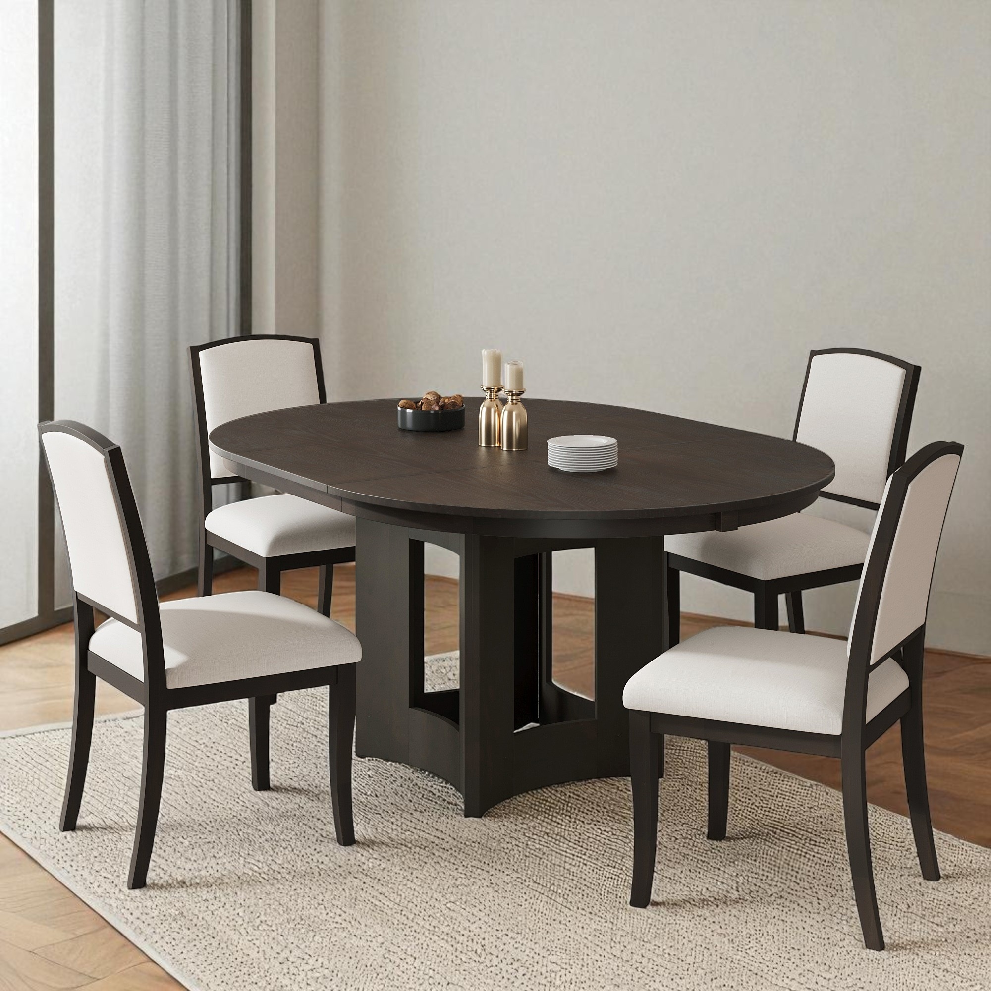 5-Piece Extendable Round Dining Table Set for 4, Solid Wood Pedestal Table with 16" Removable Leaf and 4 Upholstered Chairs