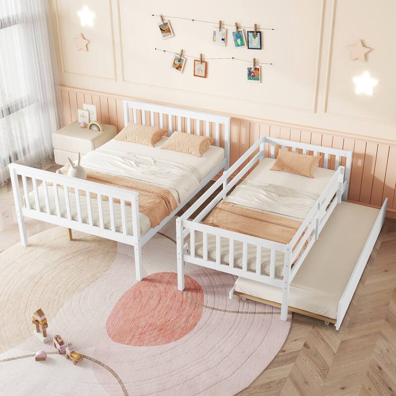 Roomfitters Twin Over Full Rubber Wood Bunk Bed with Trundle, Detachable Convertible Bunk Bed with Ladder and Guardrails
