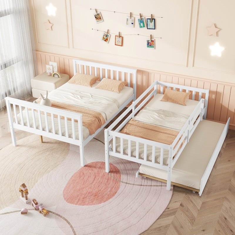 Rubber Wood Bunk Bed with Trundle Bed,Converted into 2 Individual Beds