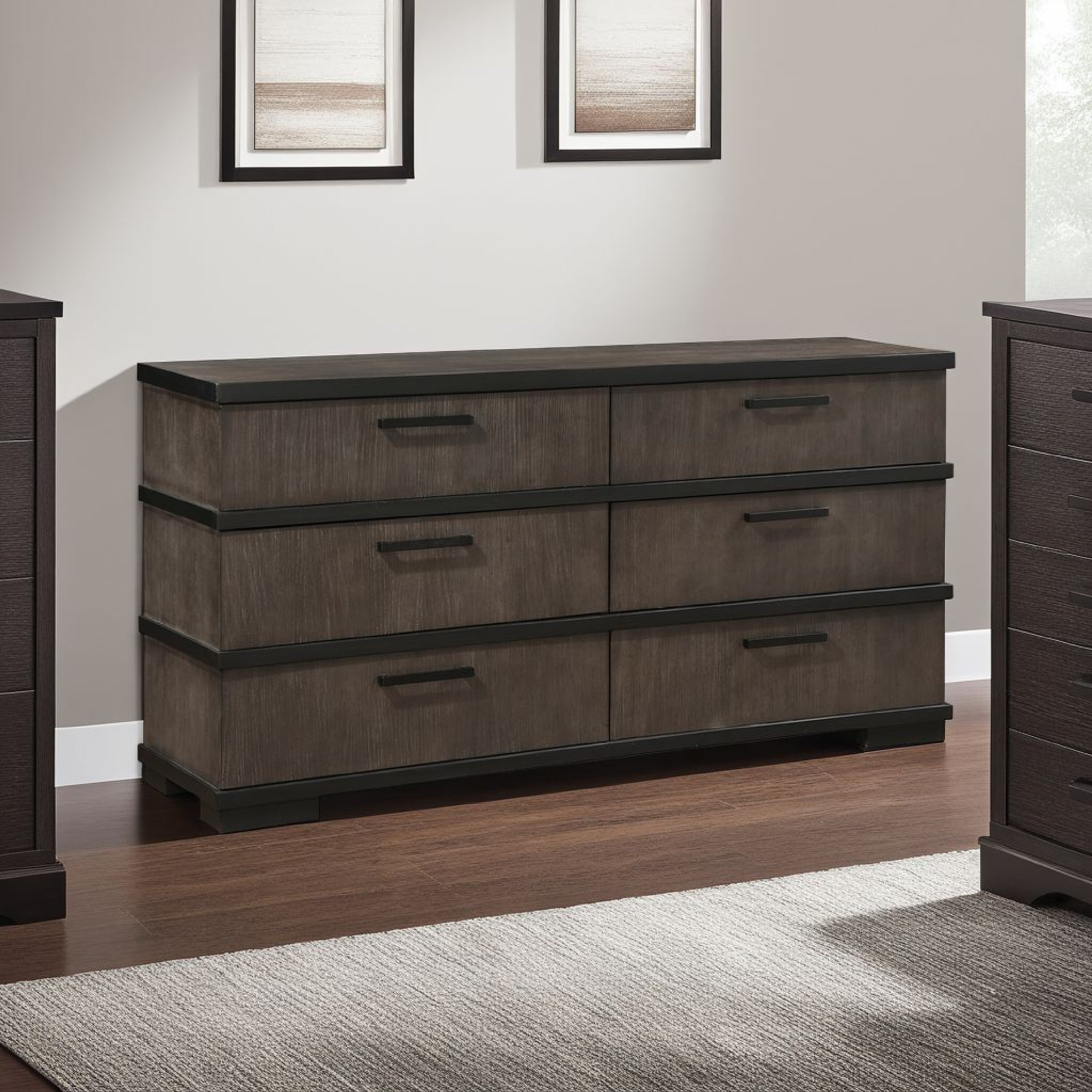 Acy 67 Dresser | 6 Drawers Bar Handles | Brownish Gray | Black Wood