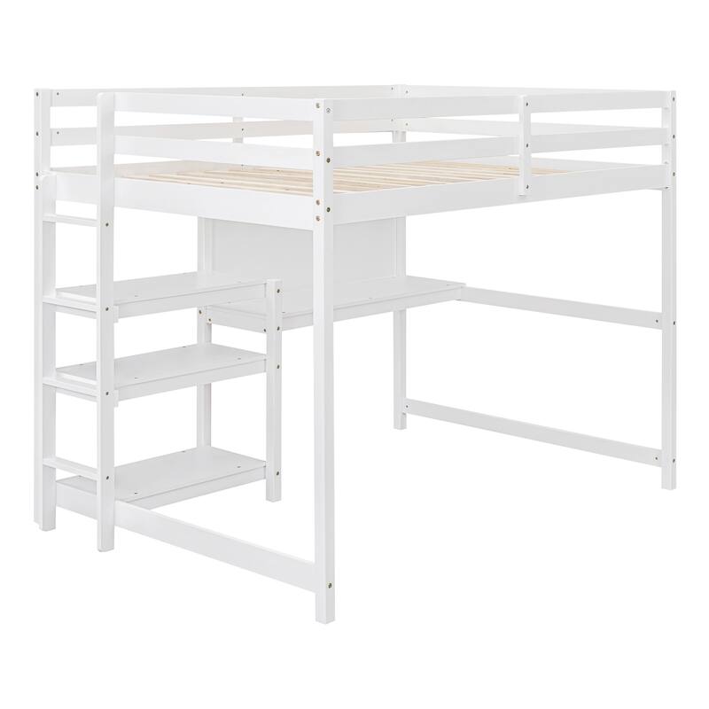 Full Size Wooden Loft Bed with Shelves, Desk, and Writing Board in White