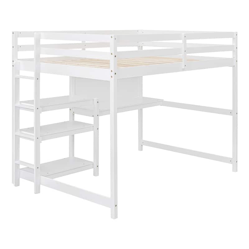 Wooden Loft Bed with Shelves, Desk and Writing Board
