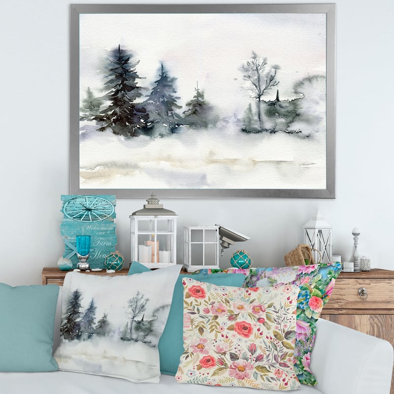 Designart "Christmas Minimalistic Forest Landscape and Snow" Lake House Framed Art Print - 40 In. Wide x 30 In. High - Silver